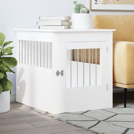 Meuble cage chien en bois et acier table d'appoint pour salon blanc 80cm