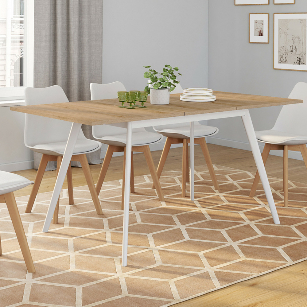 Table scandinave extensible rectangle inga 4-8 personnes plateau bois pieds blancs 120-160 cm