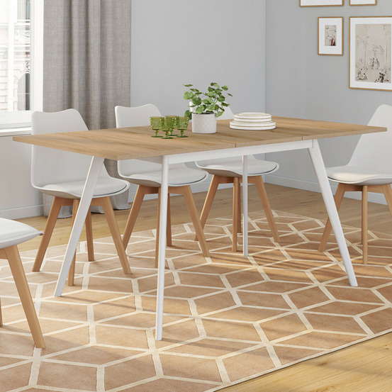 Table scandinave extensible rectangle inga 4-8 personnes plateau bois pieds blancs 120-160 cm