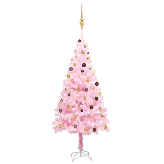 Arbre de noël artificiel pré-éclairé et boules rose 210 cm pvc