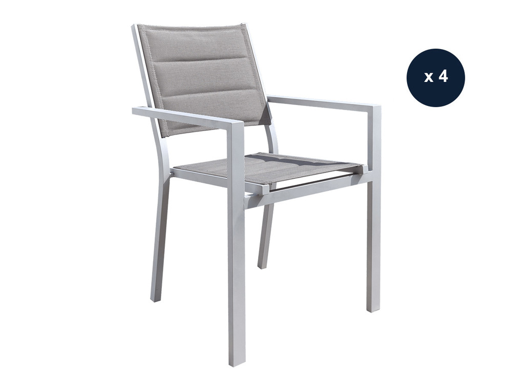 Lot de 4 fauteuils de jardin en aluminium et textilène matelassé gris, empilable