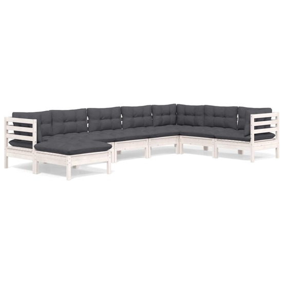Salon de jardin 8 pcs avec coussins blanc bois de pin massif