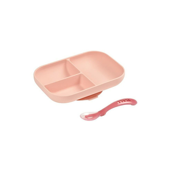 Beaba, set repas bébé, avec ventouse, anti dérapant, assiette silicone compartimentée + cuillere, sain et durable, rose