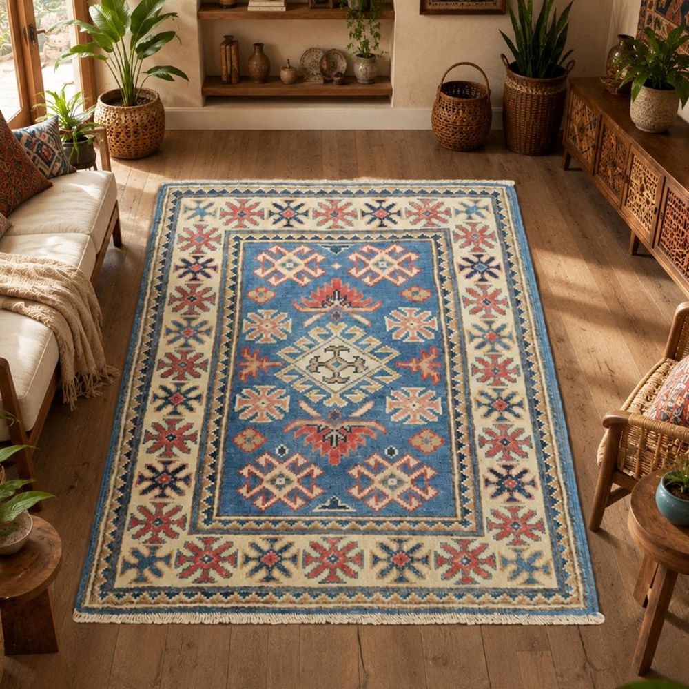 Tapis entrée 61 x 89 cm, bleu, beige et rouge, en laine, kazak co 66