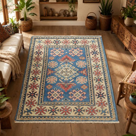 Tapis entrée 61 x 89 cm, bleu, beige et rouge, en laine, kazak co 66