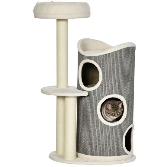 Arbre à chat en sisal pour félin avec tonneau à griffer 109cm gris et blanc