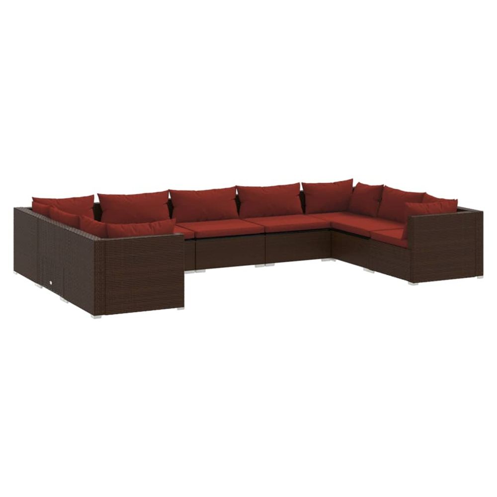 Salon de jardin 9 pcs avec coussins résine tressée marron
