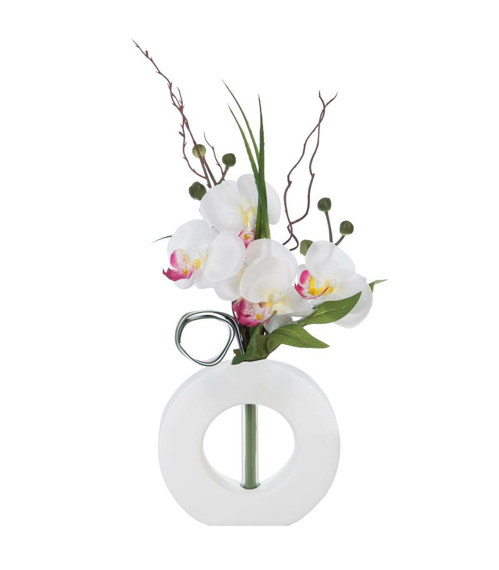 Composition florale d'orchidées artificielles vase blanc en céramique h 45 cm