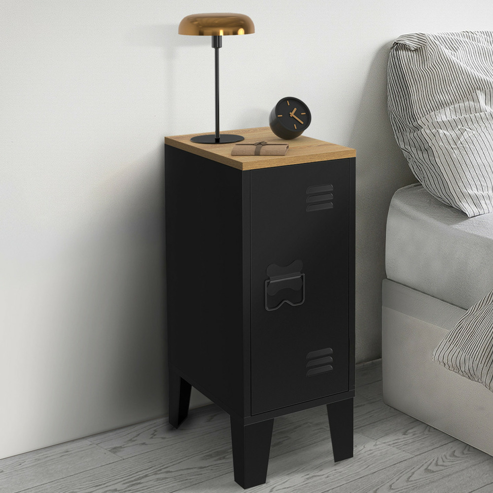 Lot de 2 tables de chevet ester 1 porte métal noir plateau façon hêtre design industriel