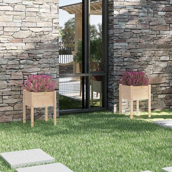 Lot de 2 grandes jardinières hautes en pin massif bois brut 50x50x70 cm