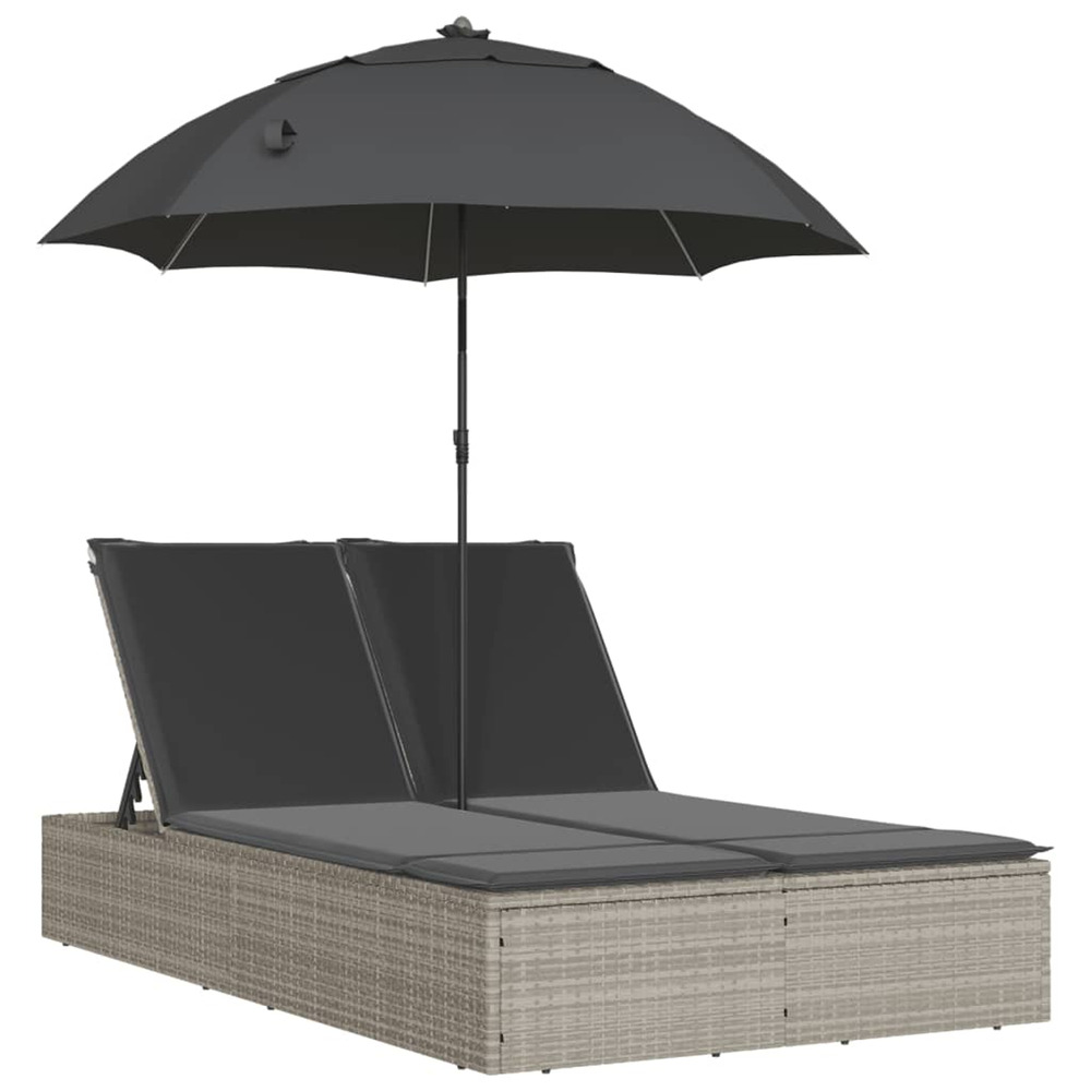 Chaise longue double avec coussins et parasol gris clair rotin bain de soleil