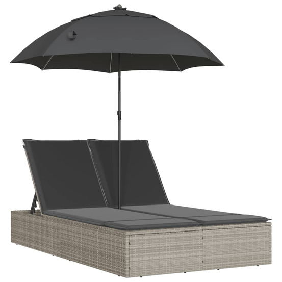 Chaise longue double avec coussins et parasol gris clair rotin bain de soleil