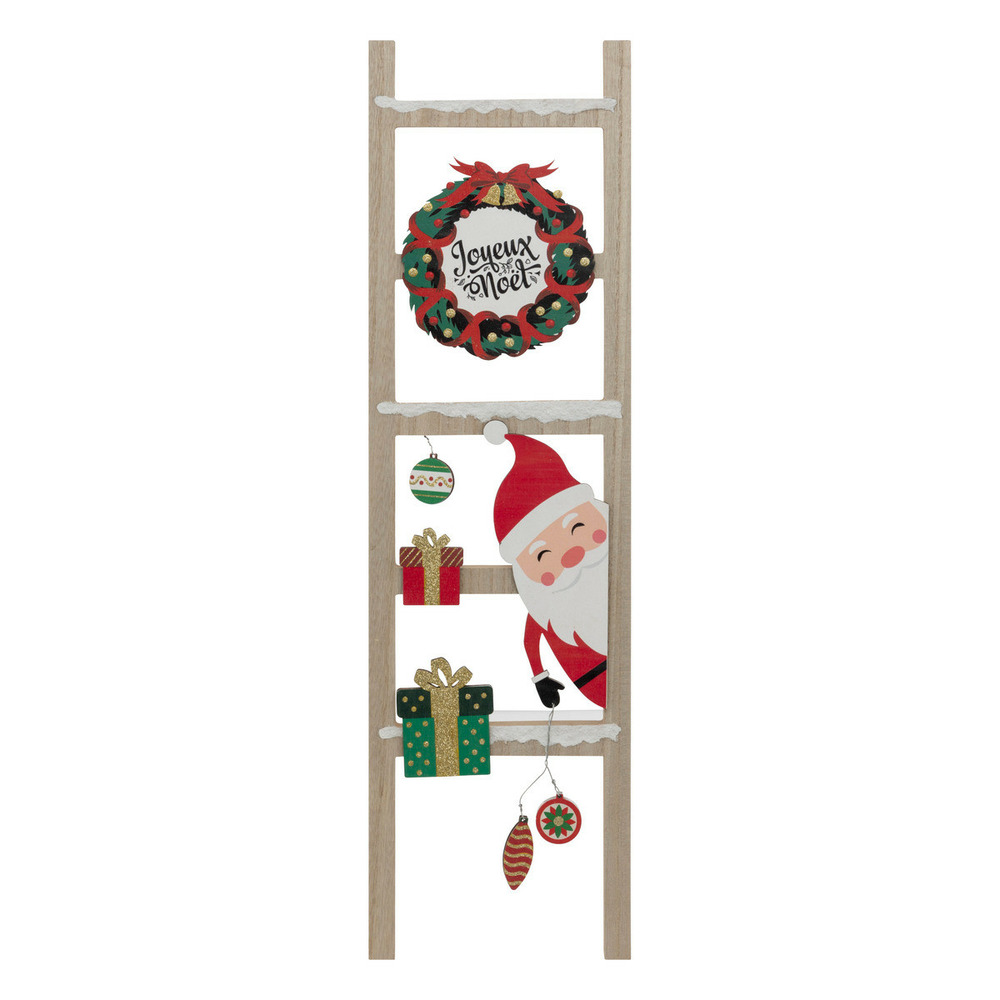 Pancarte échelle joyeux noël en bois avec père noël et couronne h 65 cm