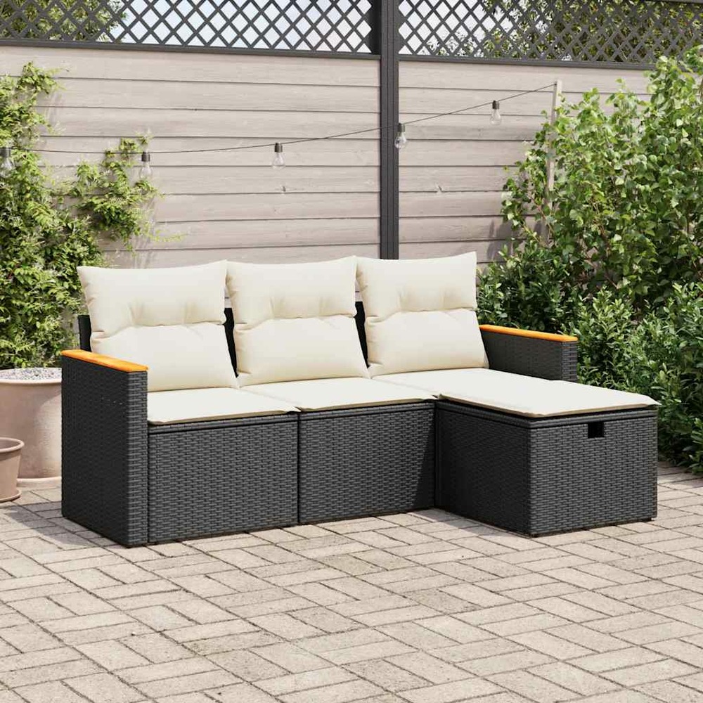 Salon de jardin 4 pcs avec coussins noir résine tressée