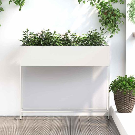 Jardinière haute sur pieds acier pour balcon potager urbain 100x26x82 cm blanc
