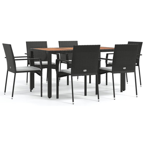 Ensemble à manger de jardin coussins 7pcs noir résine tressée