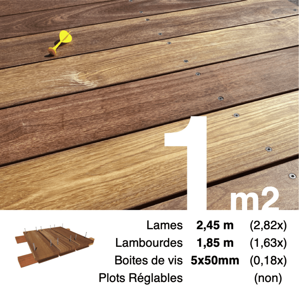 Kit terrasse bois exotique cumaru pour 1 m², lames 2,45 m, lambourdes 1,85 m et visserie inox.