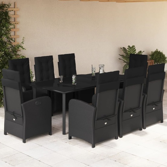 Ensemble à manger de jardin 9pcs coussins noir résine tressée
