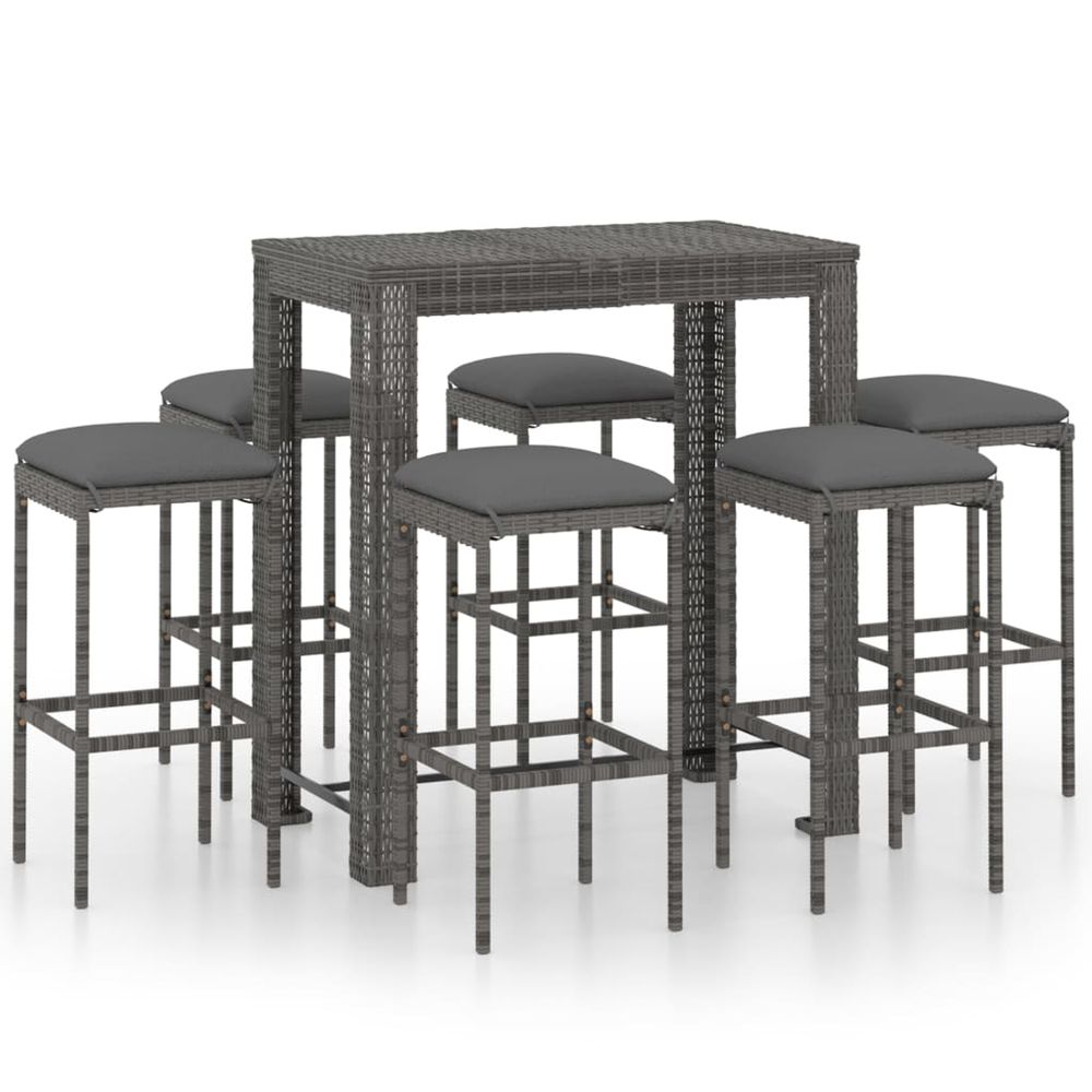 Ensemble de bar de jardin 7 pcs et coussins résine tressée gris