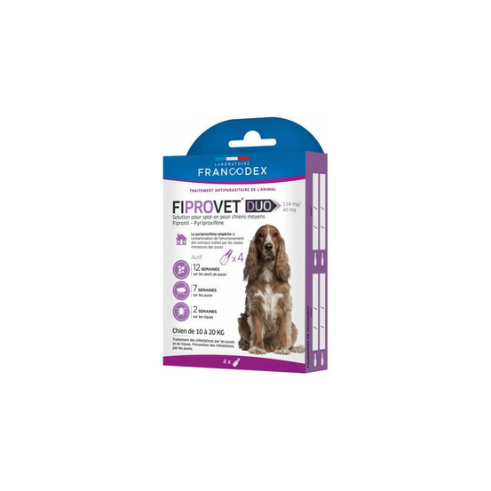 4 pipettes anti puces fiprovet duo pour petit chien 10 a 20 kg