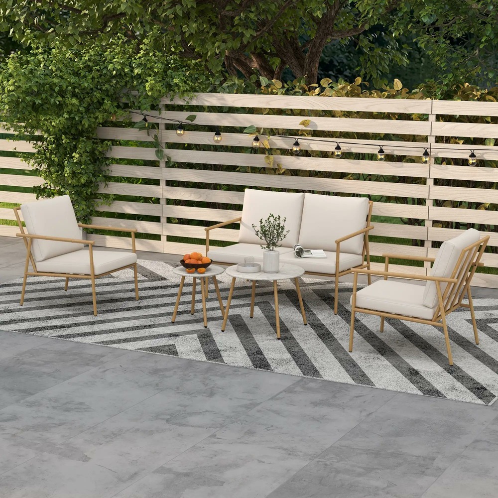 Salon de jardin 5 pièces 4 personnes canapé 2 places 2 table basse et 2 fauteuils avec coussins cadre en acier