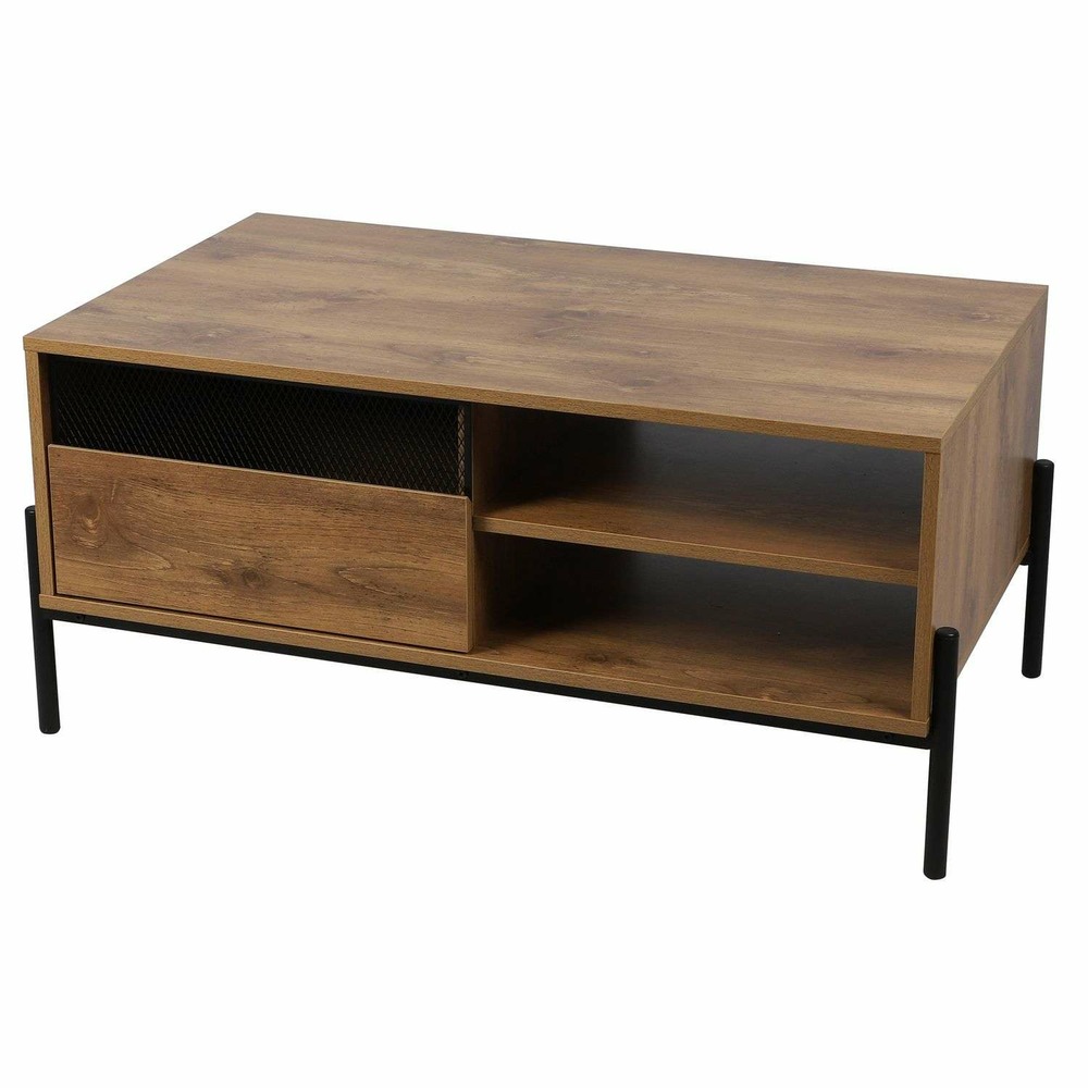 Table basse 1 tiroir et 2 niches helio en bois et métal - marron et noir