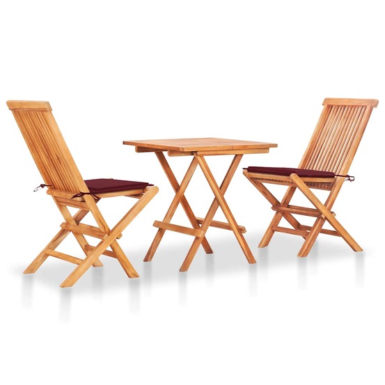 Ensemble de bistro 3 pcs avec coussins rouge bordeaux teck