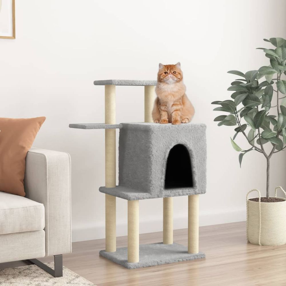 Arbre à chat compact en sisal avec niche pour jeu et repos gris clair 97 cm