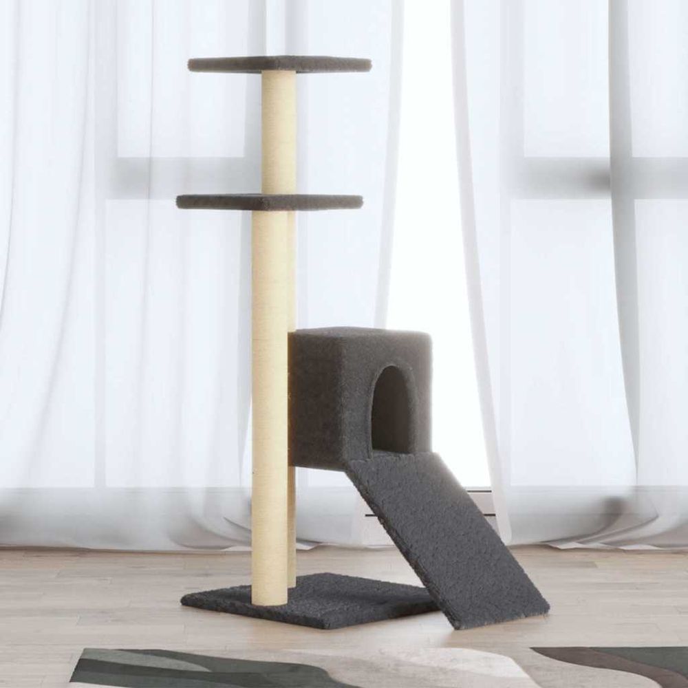 Arbre à chat 92 cm gris foncé avec niche, rampe griffoir en sisal et plateforme d'observation