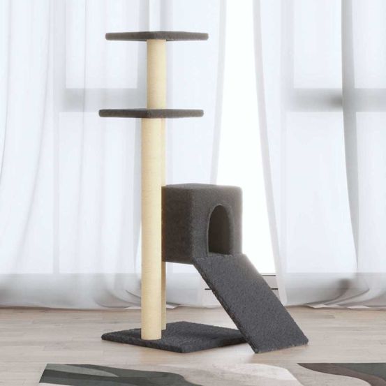 Arbre à chat 92 cm gris foncé avec niche, rampe griffoir en sisal et plateforme d'observation
