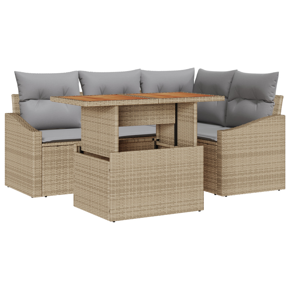 Ensemble de salle à manger de jardin 5 pièces avec coussins beige poly rattan acacia