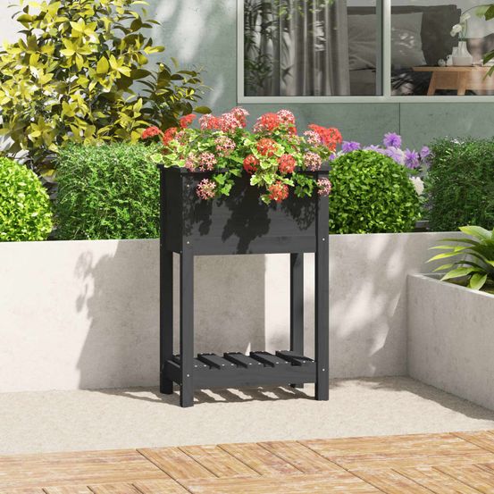 Jardinière surélevée bois avec étagère pour balcon terrasse gris 54cm