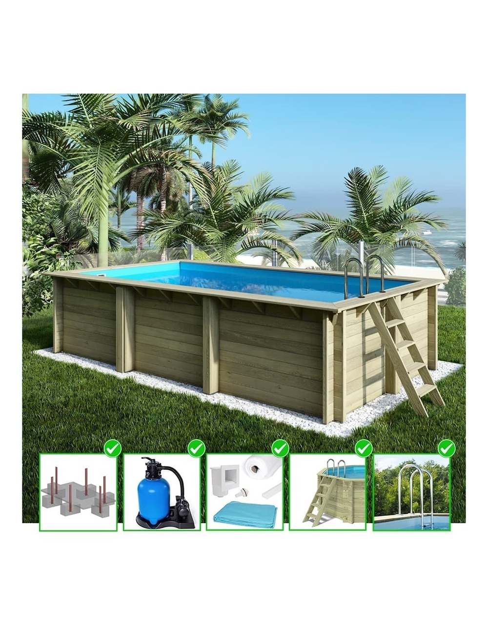 Piscine en bois aqua 6,1x2,85 - h.1,31 m fixations à sceller - bas7307ospi - altanka