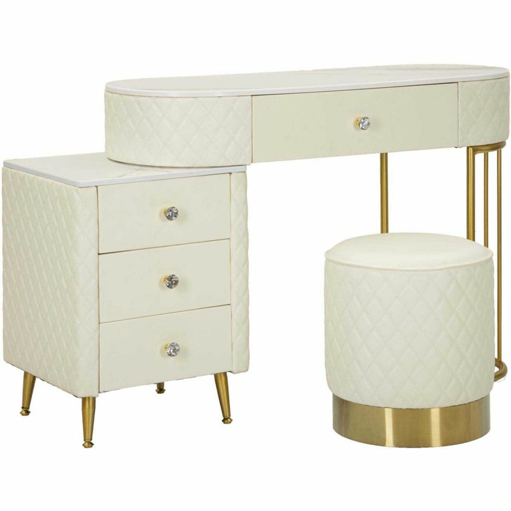 Coiffeuse effet matelassé avec tabouret sharon blanc et doré
