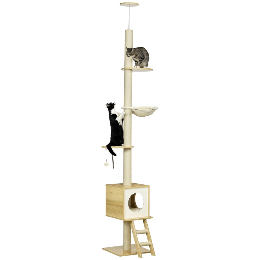 Arbre à chat plafond panneau particules pour félins griffoir avec hamac 260cm brun