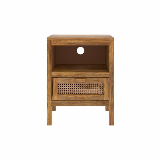 Tiki-table de chevet en cannage et bois, 1 tiroir et 1 niche