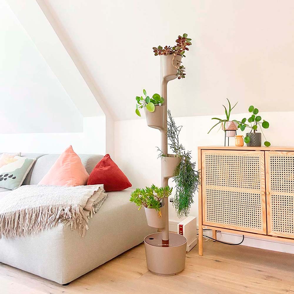 Jardinière verticale citysens, couleur écorce, avec 4 pots, arrossage manuel et bois teka.