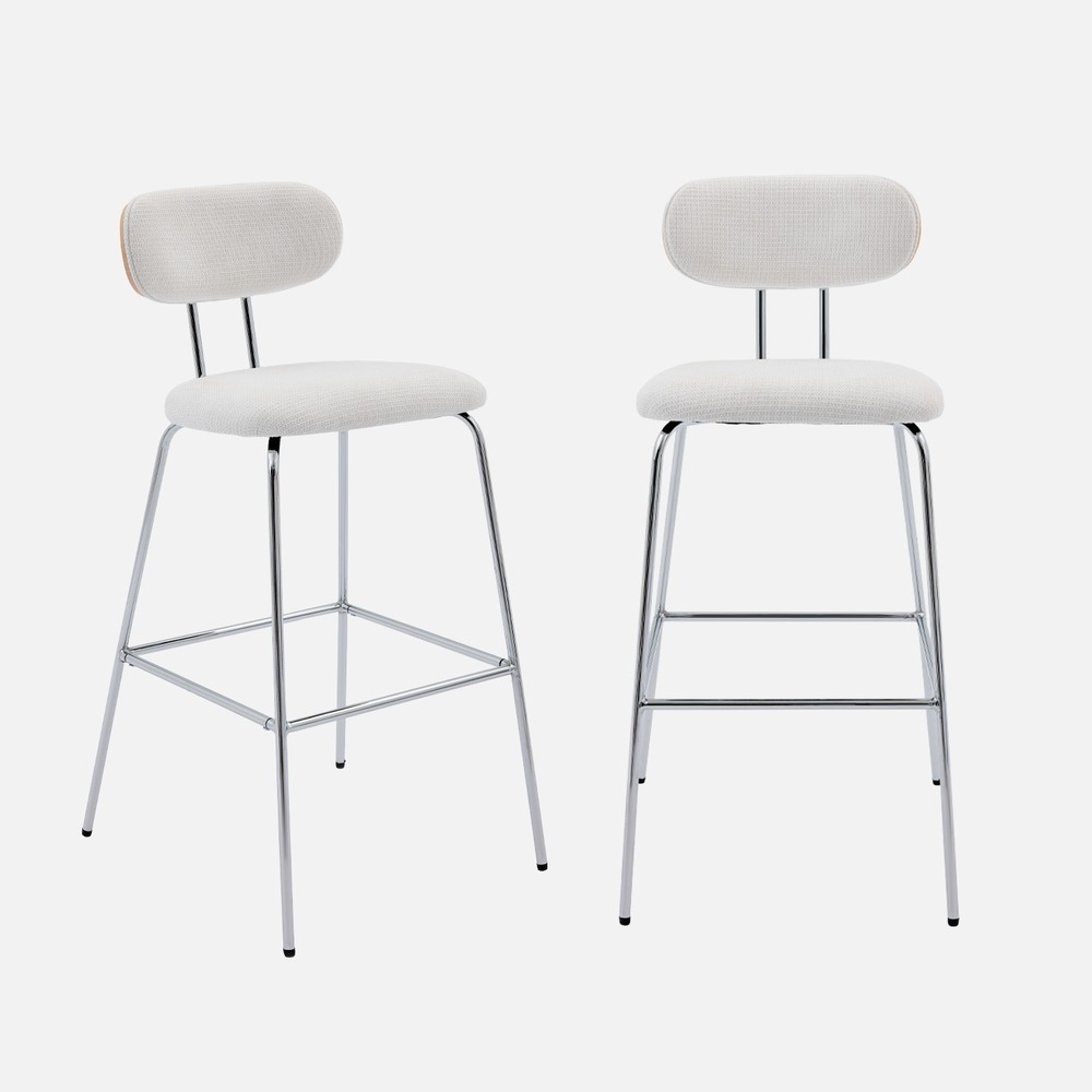 2 tabourets de bar décor bois courbé teinté chêne et tissu déperlant blanc, pieds métal chromé (lot de 2) - l 48 x p 54 x h 103cm -