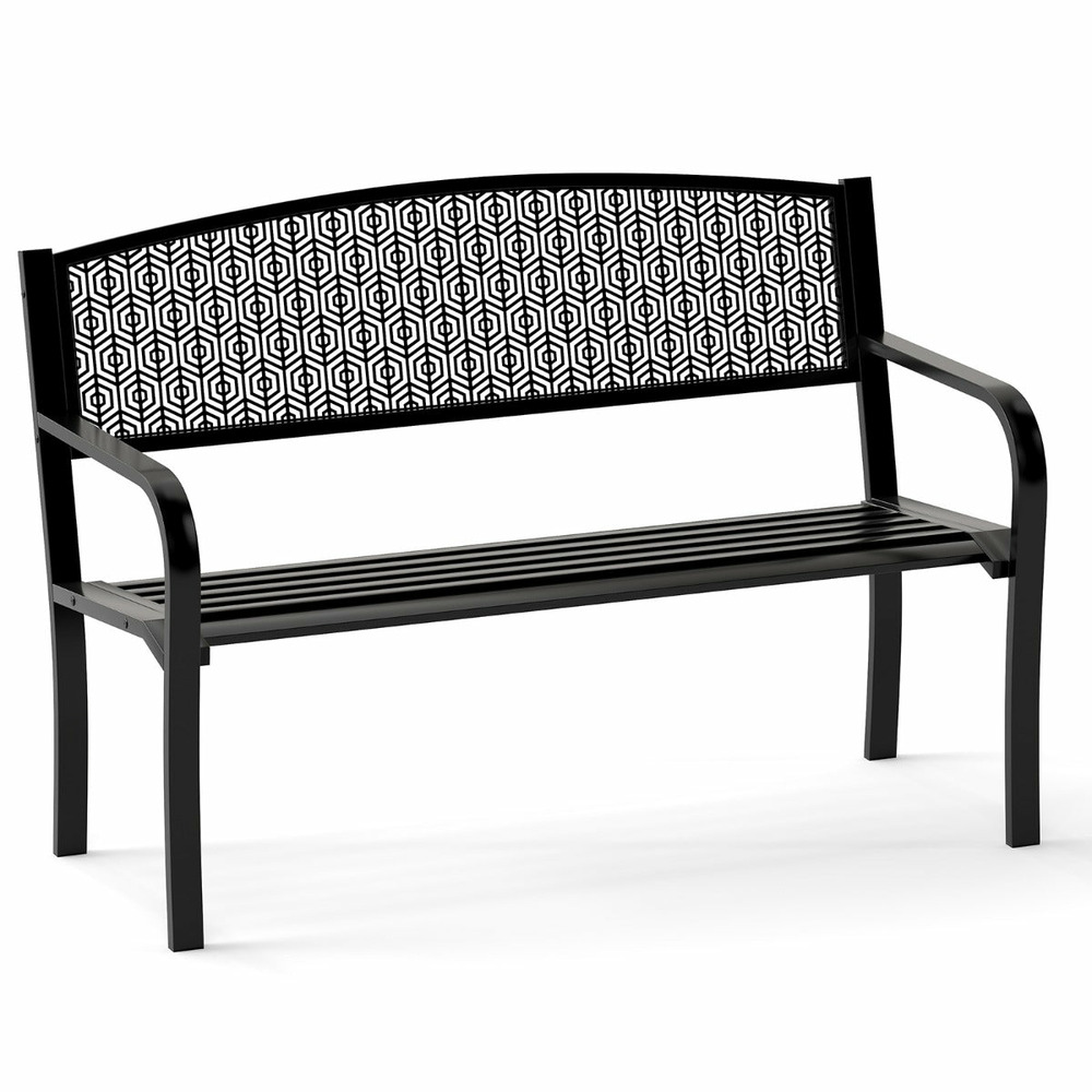 Banc de jardin robuste 60 x 128 x 86 cm pour 2-3 personnes avec assise ergonomique scandinave en métal noir