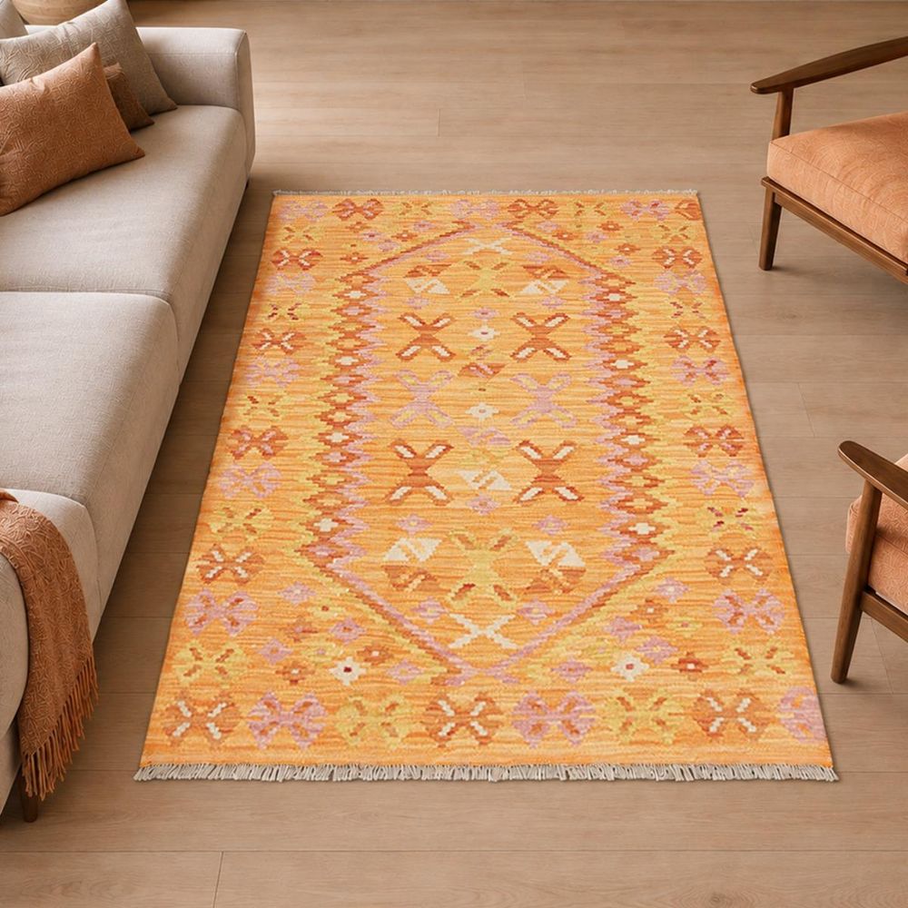 Tapis kilim 102 x 148 cm, orange, rose et rouge, en laine, kilim 98