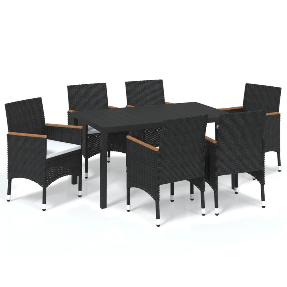 Ensemble à manger de jardin coussins 7pcs résine tressée noir