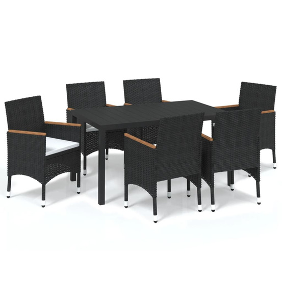 Ensemble à manger de jardin coussins 7pcs résine tressée noir