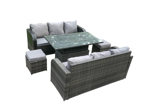 Outdoor rotin meubles de jardin canapé ensemble table à manger hauteur réglable table élévatrice salon canapé petit tabouret