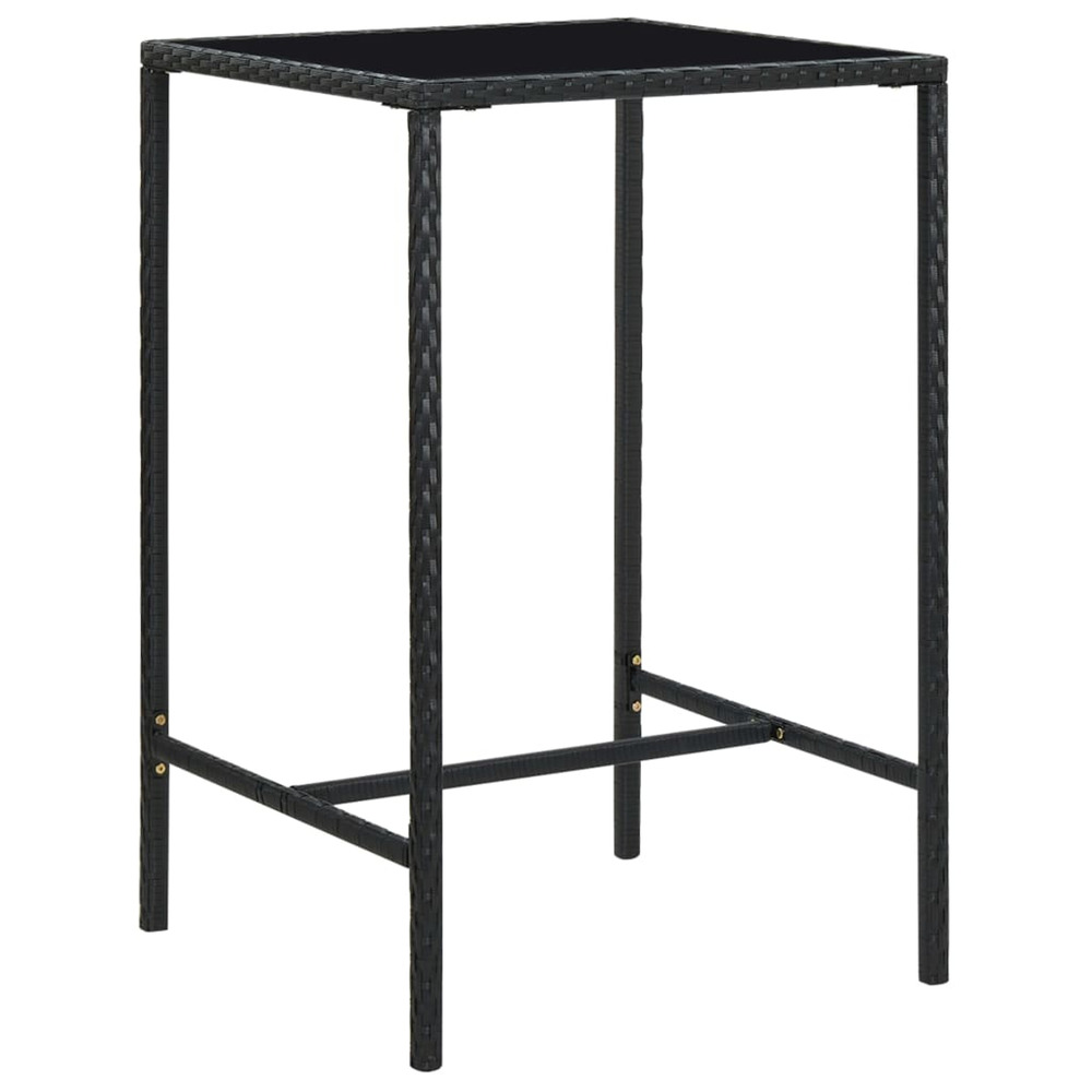 Table de bar de jardin noir 70x70x110cm résine tressée et verre