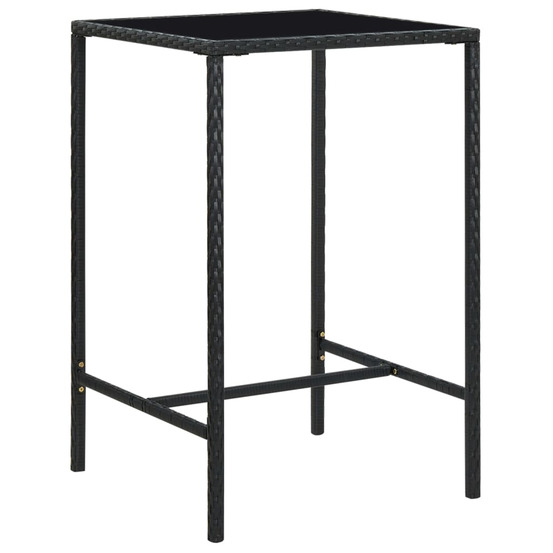 Table de bar de jardin noir 70x70x110cm résine tressée et verre