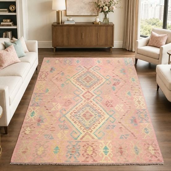 Tapis kilim 126 x 174 cm, rose, bleu et crème, en laine, kilim 56