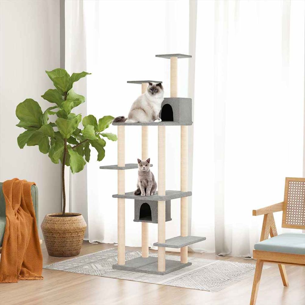 Très grand arbre à chat 176 cm avec 2 niches et griffoirs gris clair