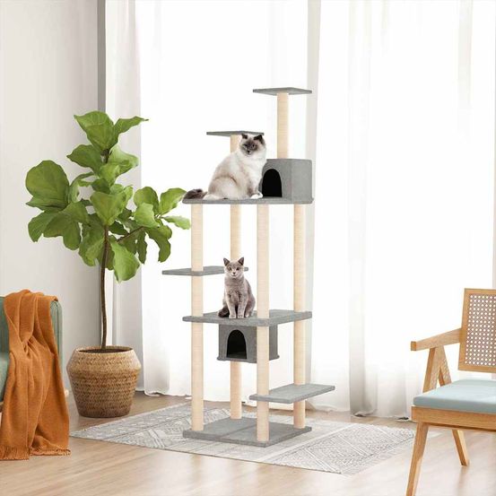 Très grand arbre à chat 176 cm avec 2 niches et griffoirs gris clair