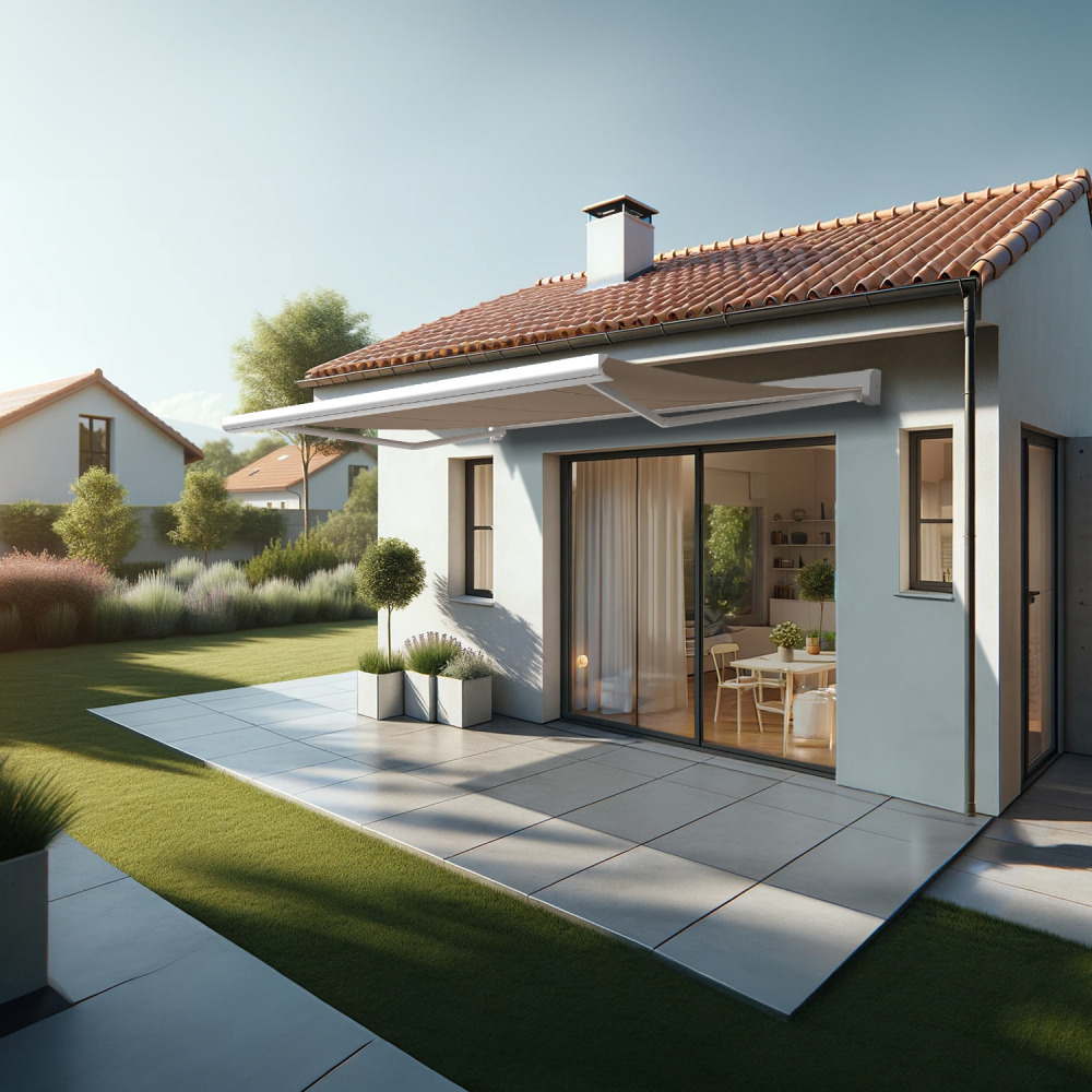 Store banne coffre intégral celeste 4,00x3,00 m (motorisé secours à télécommande - blanc satiné ral9010 - taupe)