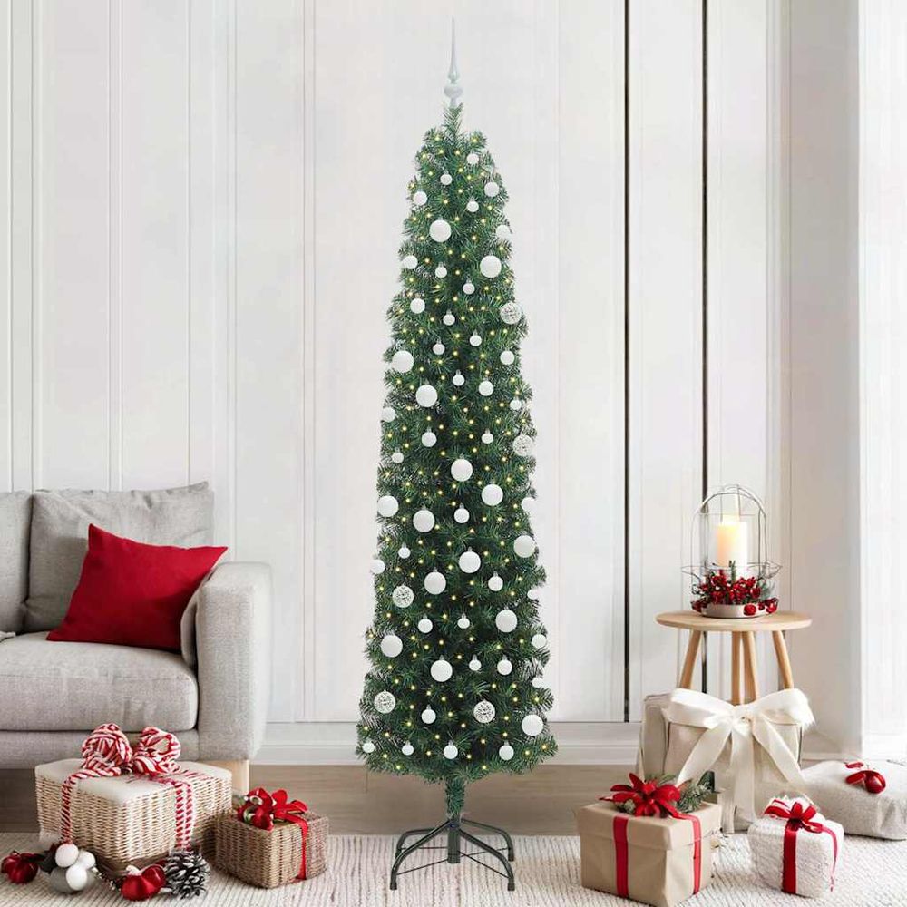 Haut sapin de noël conique 2,10m tout-en-un, décoré avec lumières intégrées